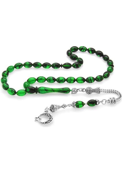 Ayyıldız Kararmaz Metal Püsküllü Arpa Kesim Süzme Yeşil-Siyah Ateş Kehribar Tesbih