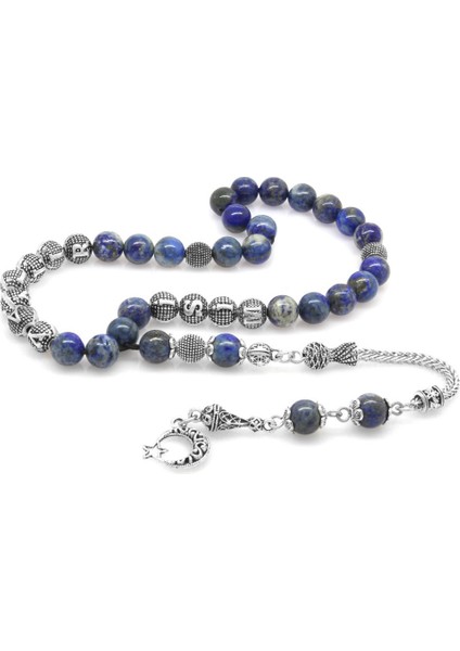 Kararmaz Metal Püsküllü Küre Kesim Isim Yazılı Lapis Doğaltaş Tesbih