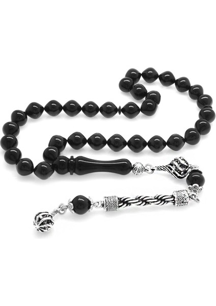 Kararmaz Metal Halat Püsküllü İstanbul Kesim Siyah Sıkma Kehribar Tesbih