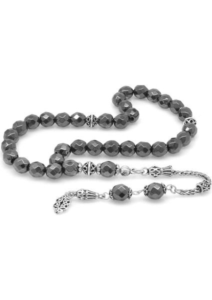 925 Ayar Gümüş Püsküllü Küre Kesim Faset Hematit Doğaltaş Tesbih