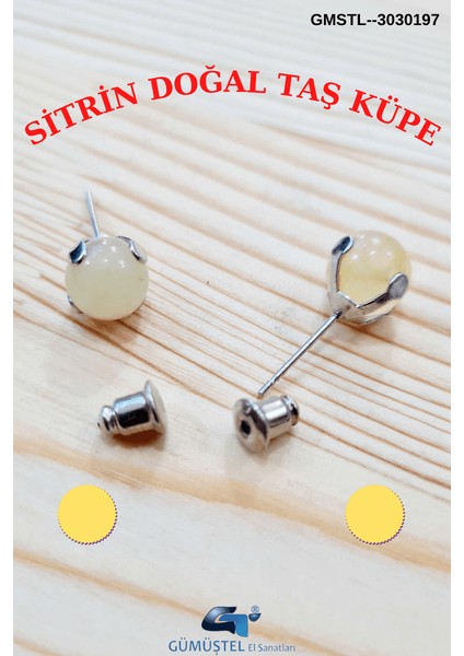 Sitrin Doğal Taş Top Küpe Orijinal Doğal Taş Sürpriz Hediyeli
