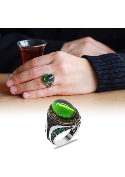 Yeşil Zirkon Taşlı Mikro Zirkon Taş Mıhlamalı Oval Tasarım 925 Ayar Gümüş Erkek Yüzük