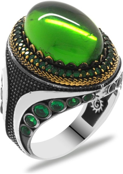 Yeşil Zirkon Taşlı Mikro Zirkon Taş Mıhlamalı Oval Tasarım 925 Ayar Gümüş Erkek Yüzük fiyatları