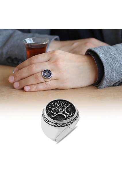 Oval Tasarım Soyağacı Temalı 925 Ayar Gümüş Erkek Yüzük