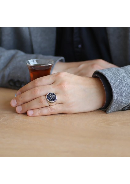 Oval Tasarım Soyağacı Temalı 925 Ayar Gümüş Erkek Yüzük