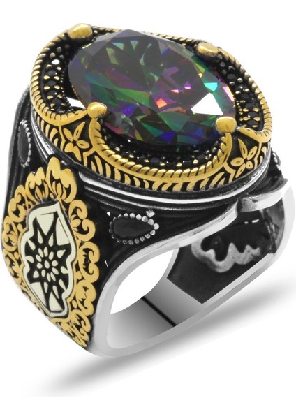 Faset Mistik Taşlı Kral Tacı Tasarım 925 Ayar Gümüş Erkek Yüzük modelleri