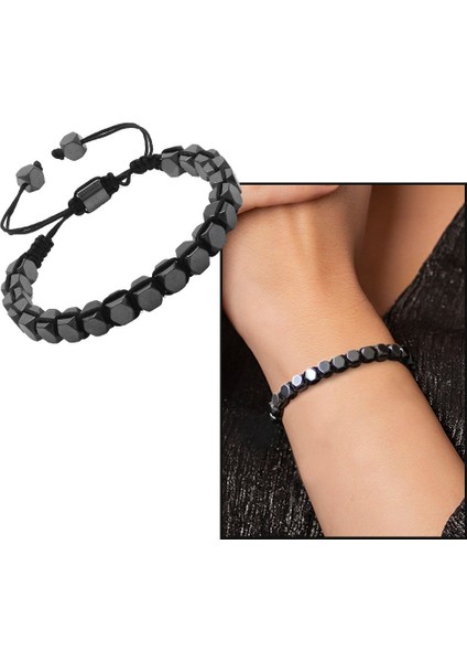Makrome Örgülü Altıgen Prizma Hematit Doğal Taş Kadın Bileklik