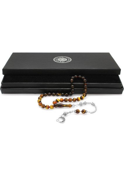 Kararmaz Metal Ayyıldız Püsküllü Küre Kesim Süzme Bala-Siyah Ateş Kehribar Tesbih