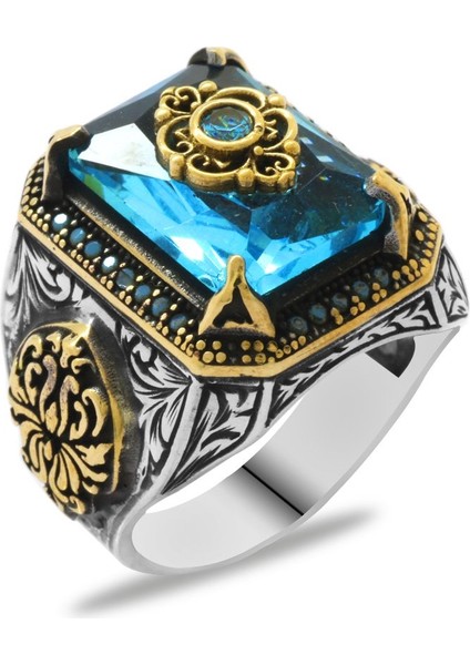 Aqua Zirkon Taşlı Anadolu Deseni Motifli 925 Ayar Gümüş Erkek Yüzük fiyatları