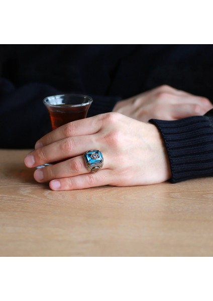 Aqua Zirkon Taşlı Anadolu Deseni Motifli 925 Ayar Gümüş Erkek Yüzük modelleri