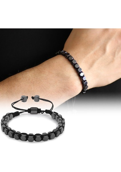 Makrome Örgülü Altıgen Prizma Hematit Doğal Taş Erkek Bileklik