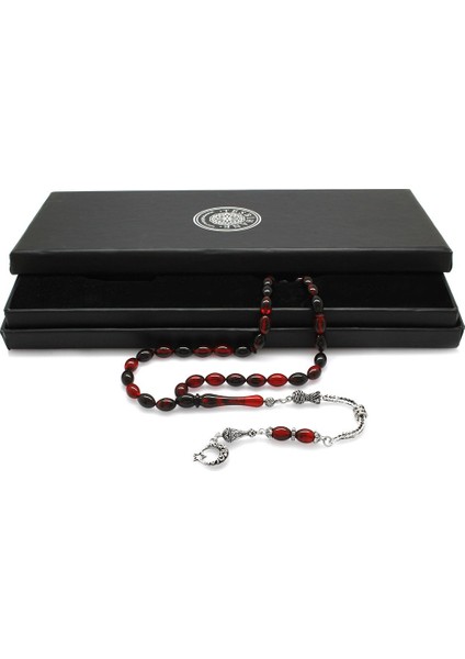 Ayyıldız Kararmaz Metal Püsküllü Arpa Kesim Kırmızı-Siyah Ateş Kehribar Tesbih