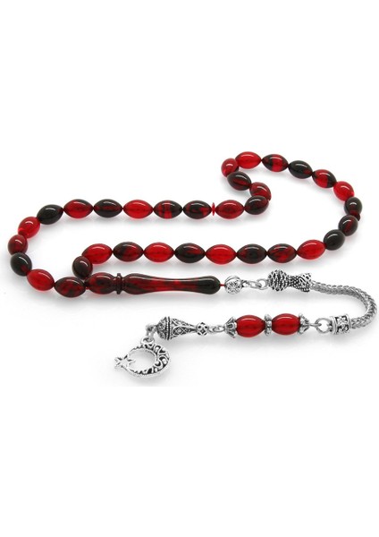 Ayyıldız Kararmaz Metal Püsküllü Arpa Kesim Kırmızı-Siyah Ateş Kehribar Tesbih modelleri