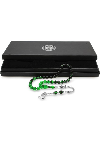 Kararmaz Metal Ayyıldız Püsküllü Küre Kesim Yeşil-Siyah Ateş Kehribar Tesbih