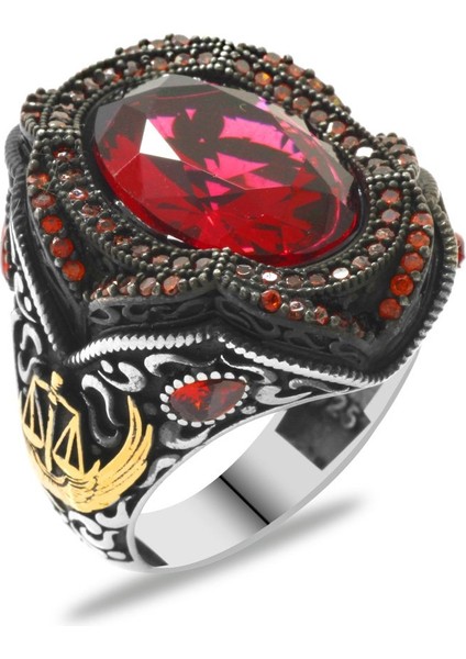 Kırmızı Zirkon Taşlı Adalet Temalı 925 Ayar Gümüş Erkek Yüzük fiyatları