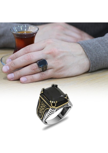Baget Kesim Siyah Zirkon Taşlı Yanları Gotik Süslemeli 925 Ayar Gümüş Erkek Yüzük