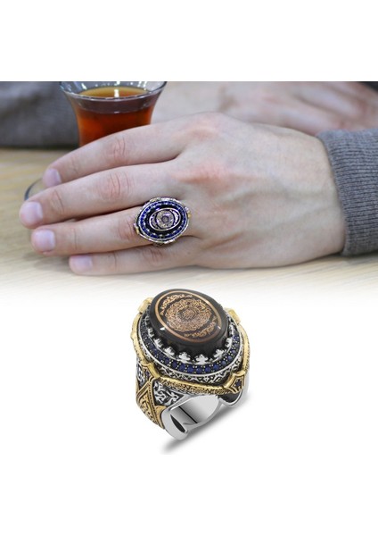 Mavi Sıkma Kehribar Üzerine Hüsn-I Hat Ayet-El Kürsi Yazılı 925 Ayar Gümüş Erkek Yüzük