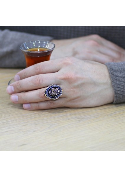 Mavi Sıkma Kehribar Üzerine Hüsn-I Hat Ayet-El Kürsi Yazılı 925 Ayar Gümüş Erkek Yüzük fiyatları