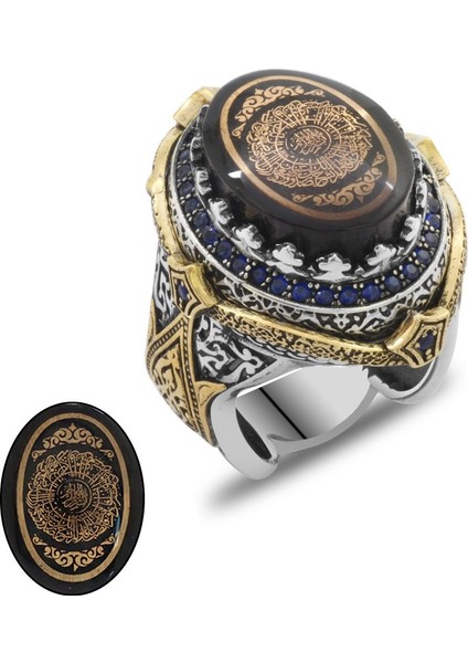 Mavi Sıkma Kehribar Üzerine Hüsn-I Hat Ayet-El Kürsi Yazılı 925 Ayar Gümüş Erkek Yüzük modelleri