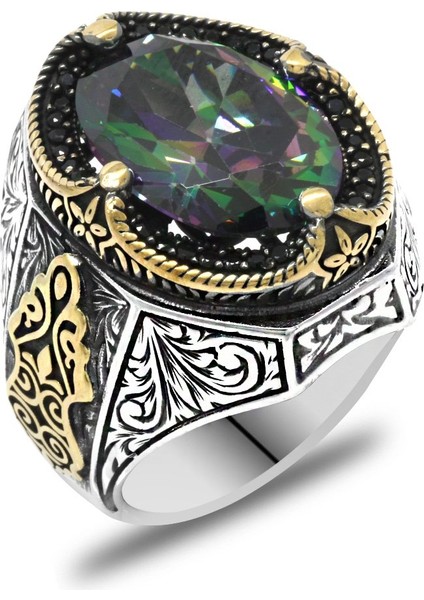 Faset Kesim Mistik Topaz Taşlı Yanları Gotik Süslemeli 925 Ayar Gümüş Erkek Yüzük modelleri