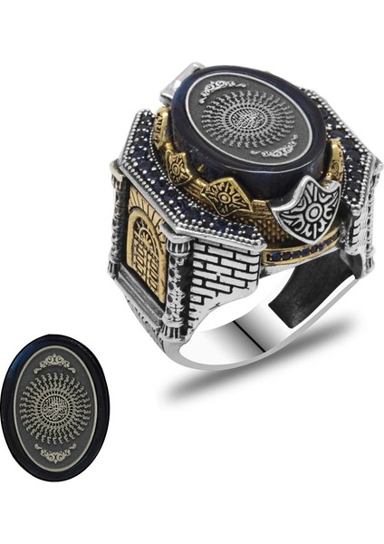 Mavi Sıkma Kehribar Üzerine Hüsn-I Hat 33 Besmele-I Şerif Yazılı Yanları Kale Tasarım 925 Ayar Gümüş Erkek Yüzük modelleri