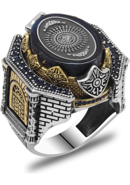 Mavi Sıkma Kehribar Üzerine Hüsn-I Hat 33 Besmele-I Şerif Yazılı Yanları Kale Tasarım 925 Ayar Gümüş Erkek Yüzük fırsatları