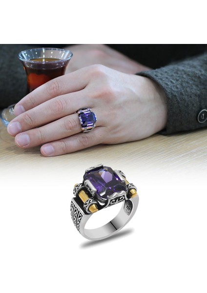 Mor Baget Taşlı Avangarde Tasarım 925 Ayar Gümüş Şah Cihan Yüzüğü