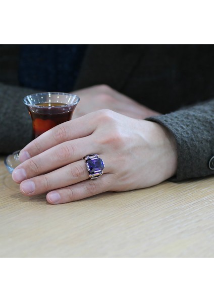 Mor Baget Taşlı Avangarde Tasarım 925 Ayar Gümüş Şah Cihan Yüzüğü fiyatları