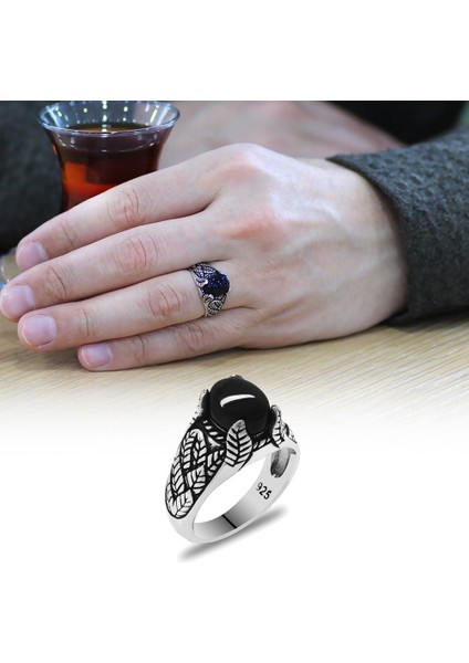 Oval Oniks Taşlı Modern Tasarım 925 Ayar Gümüş Erkek Yüzük