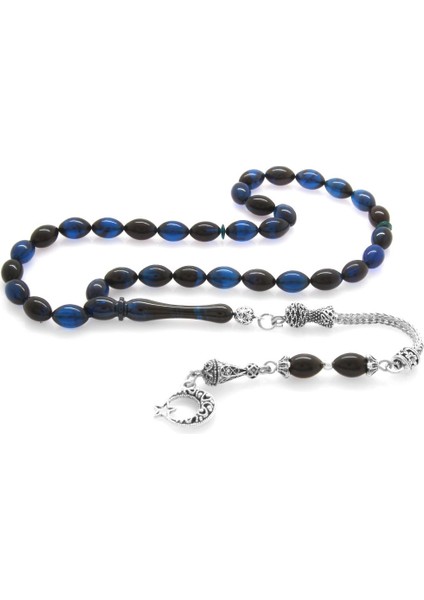 Ayyıldız Kararmaz Metal Püsküllü Arpa Kesim Mavi-Siyah Sıkma Kehribar Tesbih modelleri