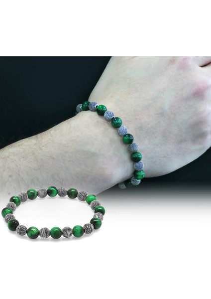 Yeşil Kaplangözü Metal Kombinli Küre Kesim Doğal Taş Bileklik