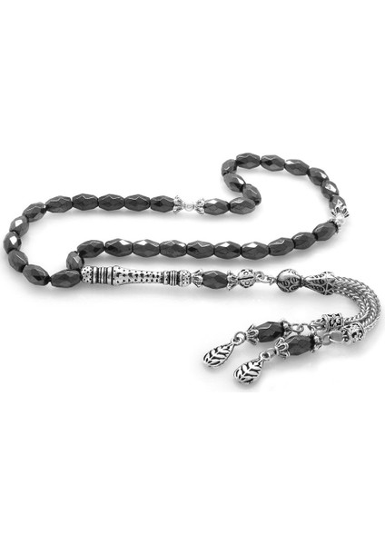 Kararmaz Metal Püsküllü Arpa Kesim Faset Hematit Doğal TaşTesbih