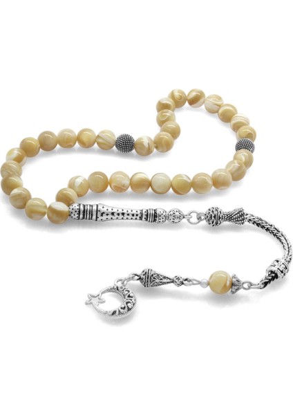 Kararmaz Metal Püsküllü Küre Kesim Sarı Sedef Doğal TaşTesbih