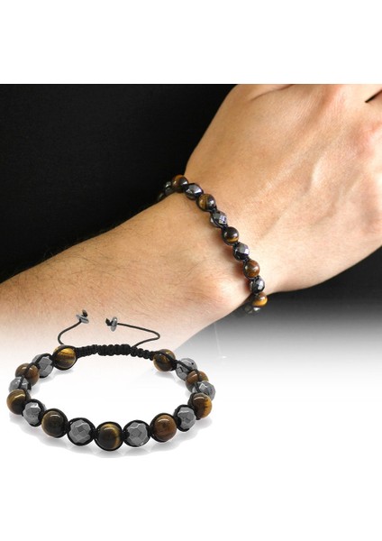 Makrome Örgülü Küre Kesim Kaplangözü-Fasetalı Hematit Kombinli Doğal Taş Bileklik