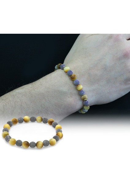 Renkli Kaplangözü Metal Kombinli Küre Kesim Doğal Taş Bileklik