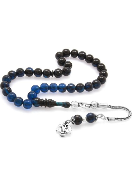 925 Ayar Gümüş Püsküllü Küre Kesim Bilek Boy Süzme Mavi-Siyah Sıkma Kehribar Tesbih