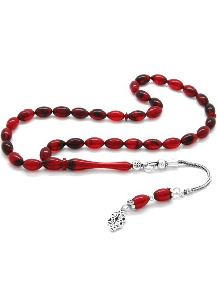 925 Ayar Gümüş Püsküllü Bilek Boy Kırmızı-Siyah Ateş Kehribar Tesbih