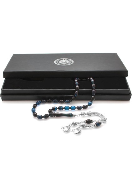 Kararmaz Metal Ayyıldız Püsküllü Arpa Kesim Mavi-Siyah Sıkma Kehribar Tesbih