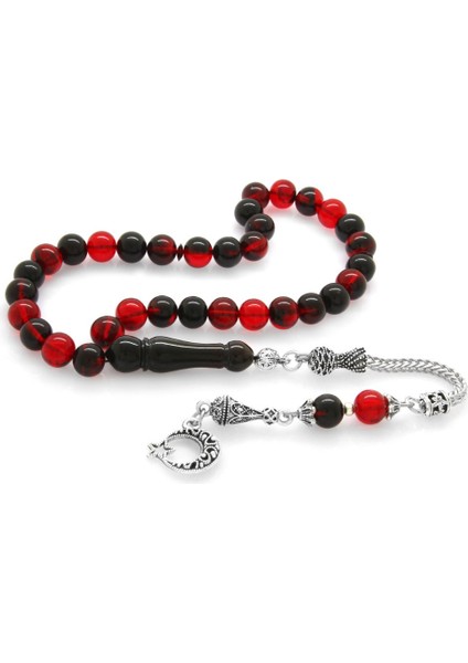 Kararmaz Metal Ayyıldız Püsküllü Küre Kesim Kırmızı-Siyah Ateş Kehribar Tesbih modelleri