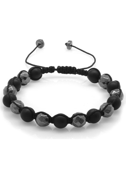 Makrome Örgülü Küre Kesim Oniks-Fasetalı Hematit Kombinli Doğal Taş Bileklik fiyatları