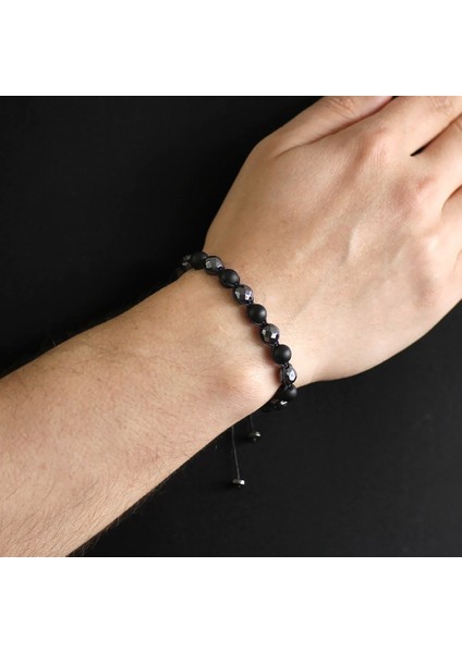 Makrome Örgülü Küre Kesim Oniks-Fasetalı Hematit Kombinli Doğal Taş Bileklik modelleri