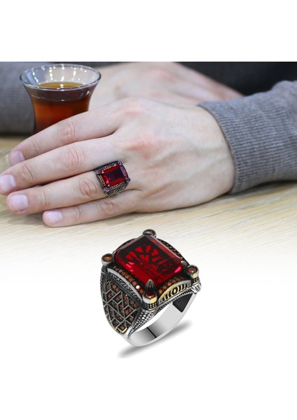 Baget Kesim Kırmızı Zirkon Taşlı Geometrik Tasarım 925 Ayar Gümüş Erkek Yüzük