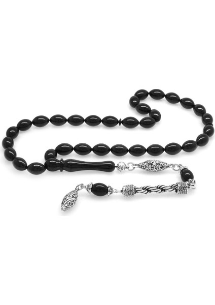 Kararmaz Metal Halat Püsküllü Arpa Kesim Siyah Sıkma Kehribar Tesbih