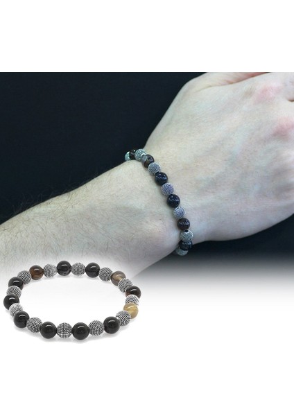 Süleyman Akik Metal Kombinli Küre Kesim Doğal Taş Bileklik