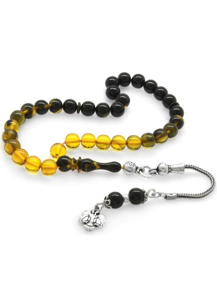 925 Ayar Gümüş Püsküllü Küre Kesim Bilek Boy Süzme Sarı-Siyah Ateş Kehribar Tesbih