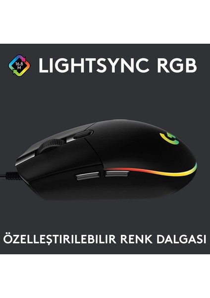 G G102 Kablolu Oyuncu Mouse, Lıghtsync Rgb Aydınlatma, 8.000 Dpı, 6 Programlanabilir Tuş, Siyah