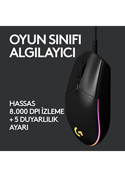 G G102 Kablolu Oyuncu Mouse, Lıghtsync Rgb Aydınlatma, 8.000 Dpı, 6 Programlanabilir Tuş, Siyah