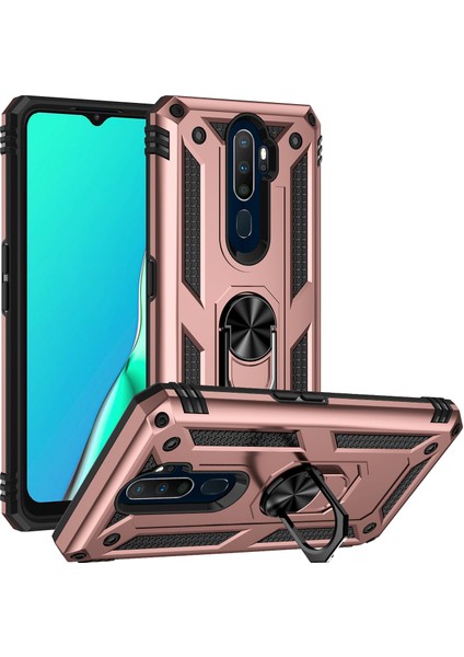 Oppo A9 2020 / A5 2020 İçin Çift Katmanlı Kılıfı Kapaklı Yüzüklü Arkası Standlı - Rose Gold (Yurt Dışından)