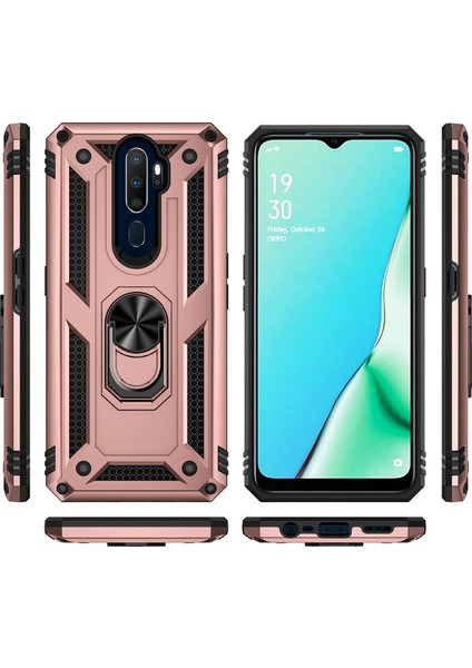 Oppo A9 2020 / A5 2020 İçin Çift Katmanlı Kılıfı Kapaklı Yüzüklü Arkası Standlı - Rose Gold (Yurt Dışından)