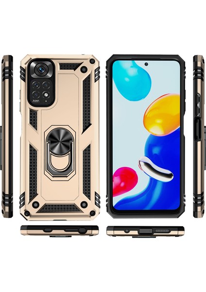 Xiaomi Redmi Note 11 / Note 11S İçin Çift Katmanlı Kılıfı Kapaklı Yüzüklü Arkası Standlı - Altın (Yurt Dışından)